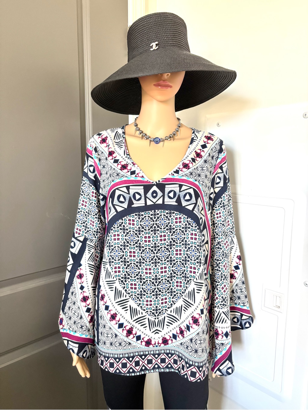 Pink Owl Black White Teal Patterned Blouse Top Tunica With Pink Accents Size L
